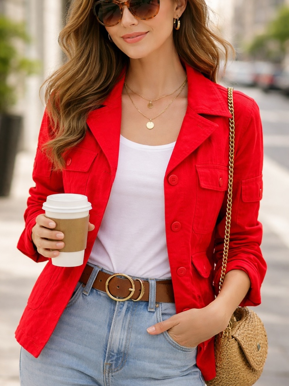 Cabi Red Linen Blend Utility Jacket XL | Statement Layer Coffee Run Chic‎ NWOT